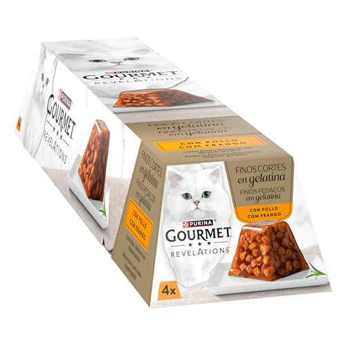 Purina Gourmet Revelations trocitos en gelatina, Comida Húmeda para Gato con Pollo, 6 Packs de 4 pirámides de 57g - 24 pirámides