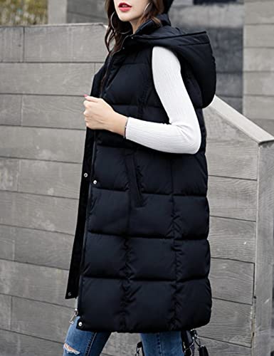 Scusty Womens Long Puffer Vest Sleeveless Puffy Padded Coats Quilted Vests Jackets With Hood(Black, Xx-Large) #TOP4