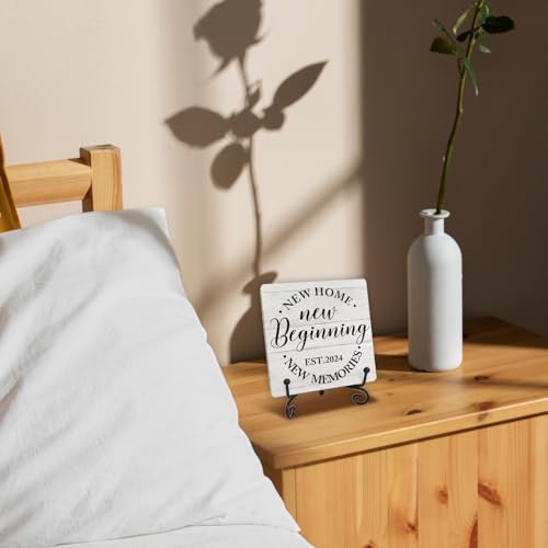 Housewarming Gift, Rustic Farmhouse Style Wood Plaque Sign With Stand, Rustic New House Gifts, New Home Sign Desk Shelf Farmhouse Room Decor, New House Presents for Home Living Room Desk Sign Decor