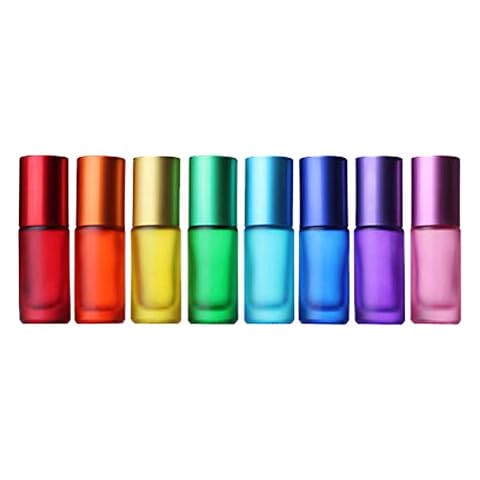 Colorful Empty Matt Frosted Glass Roll On Bottles,5ml Refillable Perfume Essential Oil Glass Roller Bottles Containers With Stainless Steel Roller Balls Perfume Bottle,8pcs Cover