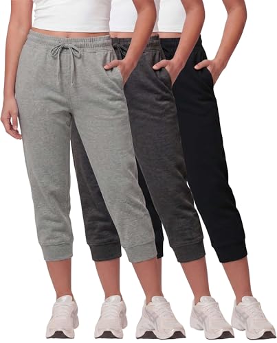 Real Essentials 3 Pack: Womens Fleece Capri Joggers Athletic Lounge Gym Running Sweatpants with Pockets (Available in Plus)- Set 1 L