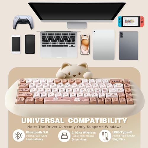 YUNZII C68 ワイヤレスメカニカルキーボード かわいい猫 ps4/ps5対応 65％ 無線 ホットスワップ シリコーン 人間工学 ゲーミングキーボード三つモード BT5.0/2.4G/有線 RGBバックライト NKRO Win/Mac用 技適認証取得（ミルクスイッチ、ブラウン）