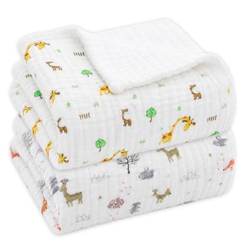 Image of Aablexema Muslin Baby Blanket Set of 2, White Animal Set | 6-Layer, 43 x 43 Inches, Newborn Toddler, Bath Towel Swaddle Wrap, For Boys Girls