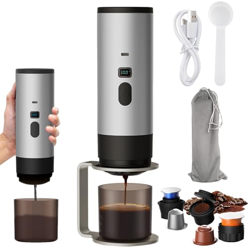 UOAESR Portable Espresso Maker, 72W/15Bar Mini Travel Coffee Maker for Camping, Compatible with Ground Coffee & Capsule, Self-Heating, Travel Coffee Maker With bracket for Camping, Office (Grey)