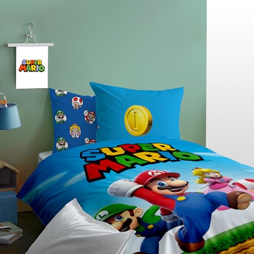 OMYDREAM Mario Friends Parure de lit Enfant 1 Place | 100% Coton | Oeko-TEX | Housse de Couette 140x200 cm + Taie d'oreiller 63x63 cm | Imprimé Réversible |...
