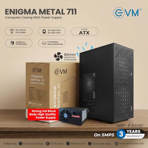 Image of EVM Enigma Metal 711 Computer Cabinet with 500W Enguard Power Supply | Micro ATX /Mini ITX | USB 3.0 Front I /O | 0.6mm Metal Body | 2 HDD + 2 SSD | 80mm Rear Fan | Front 120mm Fan Support | Black