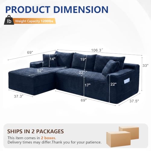 Image of 106.3 inch L Shaped Boneless Sectional Corduroy Couches for Living Room (Blue)