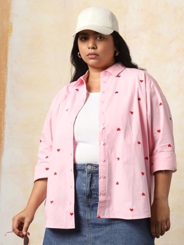 Image of HIGH Star Oversized Embroidered Cotton Shirt for Women | Stylish Tops for Women | Comfortable and Trendy Casual Shirt