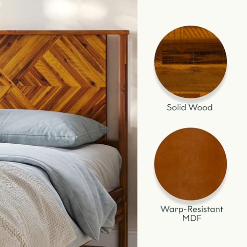 Image of Bme Ethan Queen Bed Frame with Diamond Headboard, Mid Modern, Solid Acacia Wood, No Box Spring Needed, Fits All Mattresses, Rustic Caramel