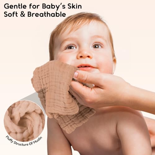 Image of Unnivoll Muslin Burp Cloths Baby 12''X12'', Baby Washcloths 6 Pack, 100% Cotton Baby Wash Cloths Absorbent and Soft for Newborn Infants Kids Boys Girls - Gradient Brown