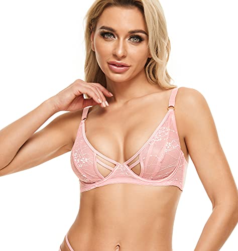 ANGABRIEL Damen Voller Brust Strappy Floral Lace Bra Sheer Mesh Plunge Bra Unwattiert Ungefüttert Durchsichtig BH, rose, 80F Cover