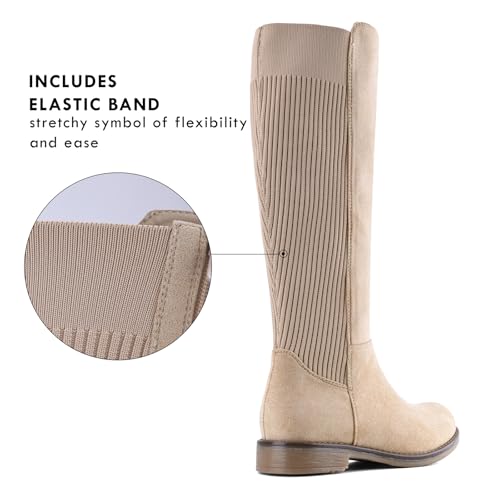 Image of Shoe'N Tale Women's Knee High Boots Flat Low Heel Stretchy Round Toe with Side Zipper