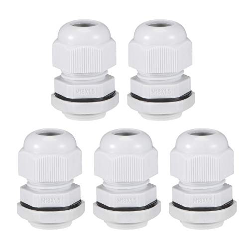 sourcing map M18x1.5 Presse-étoupe 5mm-10mm Fil Trou Imperméable Nylon Joint Réglable Contre-écrou avec Rondelle Blanc 5Pcs