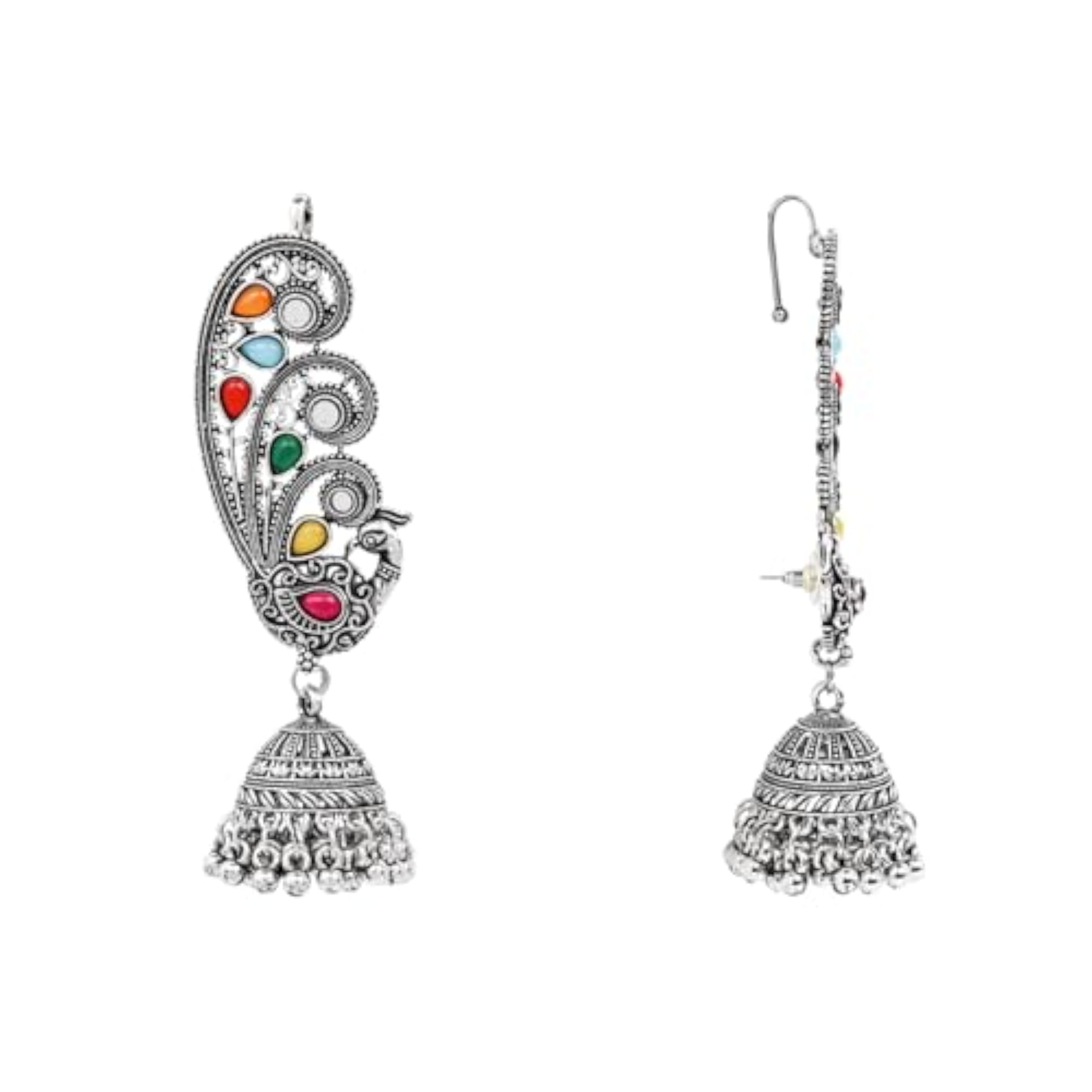 Women's Navratri Silver Oxidised Paisley Ear Cuffs with Jhumka Drops