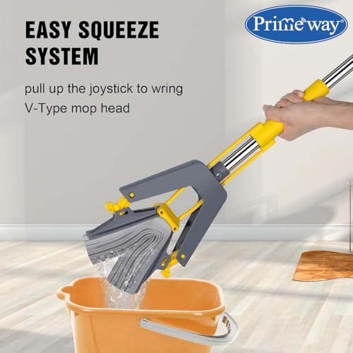 Image of Primeway PVA Self Squeeze Butterfly Floor Cleaning Mop | 28cm Extremely Absorbent Sponge | Pack of 2 Extra Refills | 124cm Long Iron Coated Handle | Self-Wringer | Grey