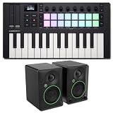 Novation Launchkey Mini 25 MK4 25-Key Mini MIDI Keyboard Controller Bundle with Mackie CR3.5 Powered Studio Monitors — 16 FSR Pads, OLED, USB-C Beat Maker Kit for Music Production and Home Studio