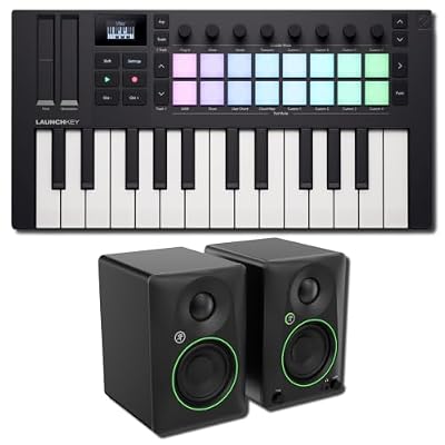 Novation Launchkey Mini 25 MK4 25-Key Mini MIDI Keyboard Controller Bundle with Mackie CR3.5 Powered Studio Monitors — 16 FSR Pads, OLED, USB-C Beat Maker Kit for Music Production and Home Studio