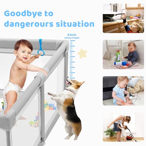 Image of 150x180 cm Playard with Ocean Balls and Anti-Fall Grasp Rings, Large Playpen for Baby up to 5 Years with Safety Lock (NO Mat /Cushion, Non-Foldable) - Grey