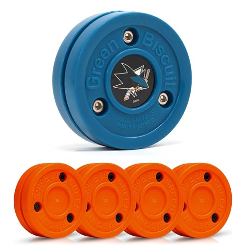 Green Biscuit Hockey Puck- 4 Pack Orange 2.0 Snipe Shooters Off Ice Hockey Pucks with 1 NHL Puck and GB Stickers- Offcial Street Hockey Pucks for Classic Training (San Jose Sharks)