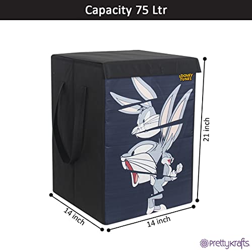 Image of PrettyKrafts 75 L Non Woven Bugs Bunny Rectangular Foldable Large Laundry Bag /Basket With Lid & Handles, Freestanding Clothes Storage Organizer for Bedroom (36x36x53cm, Black, Set of 1)