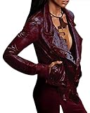 Minetom PU Lederjacke Damen Jacke Mit Reißverschluss Motorradjacke Bikerjacke Kurze Faux Leather Übergangsjacke Ladies Oberbekleidung Violett XXL