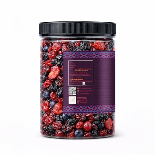 Image of LILA DRY FRUITS Tangy Berries Mix Medley 100 gms - Cranberry, Blueberry, Strawberry, Red Cherries & Black Raisins | Sweet & Tangy Dried Fruit Snack | Healthy Snack Mix Perfect for Gifting
