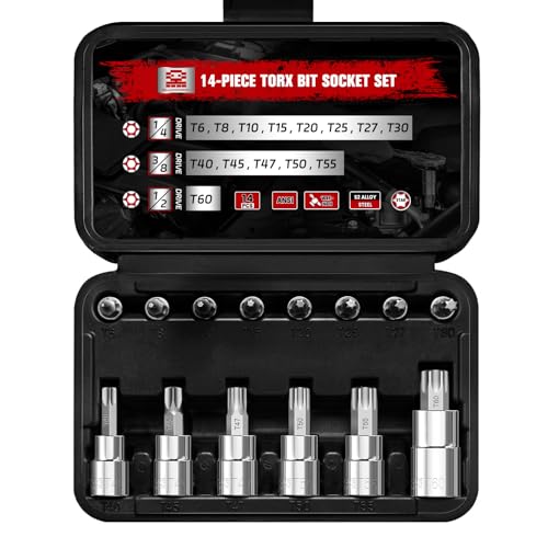 BLACKROBOT 14-Piece Torx Bit Socket Set T6-T60, S2 and Cr-V Steel Star Bit Socket Set 1/4” 3/8” 1/2” Drive, T Torx Enhanced Storage Case for Motorcycle Bicycle Machinery Repair
