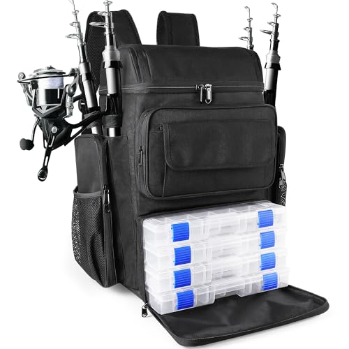 Fishing Tackle Backpack with Rod Holders, 45L Black