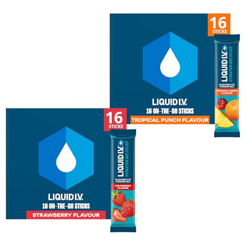 Liquid I.V. Hydration Multiplier Electrolyte Powder Variety Pack, Tropical Punch & Strawberry, Electrolytes With 7 Vitamins & Minerals For Fast Hydrat