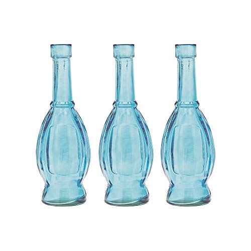 Luna Bazaar Small Vintage Glass Bottle Set (7-Inch, Turquoise Blue, Vera Bulb Design, Set of 3) - Flower Bud Vase for Home Décor and Wedding Centerpieces
