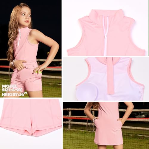 Image of Perfashion Girls Tennis Dress 1 /4 Zip Golf Outfit Built-in Bra & Shorts Pickleball Athletic Dress Workout Pockets 4-13Y