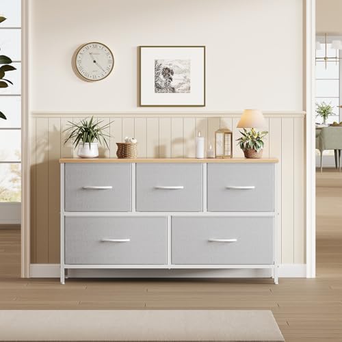 Image of OLIXIS 5 Drawer Dresser for Bedroom, Storage Organizer Unit for Closet | Chest of Drawers for Clothes Storage with Bins, Wide Fabric Bedroom Dresser, Wooden Top, Living Room, Light Grey