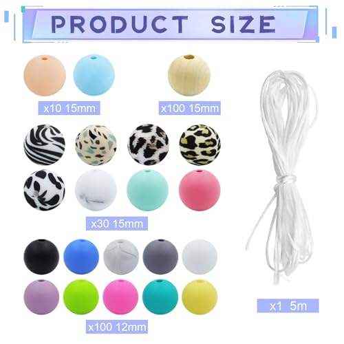 Jyongmer 241PCS Silicone Beads for Keychain Making Kit, Silicone Beads Bulk 15mm 12mm Silicone Loose Beads Multiple Styles and Shapes Round Rubber Beads DIY Kit for DIY Jewelry Making