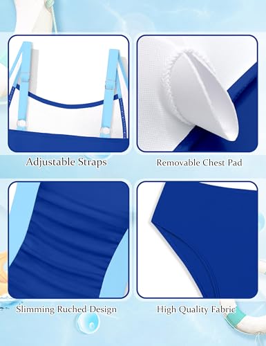 Image of Girls Tankini Swimsuit Solid Color Blocking Two Piece Bathing Suit Ruched Slimming Teen Girls' Swimwear for 9-18Years
