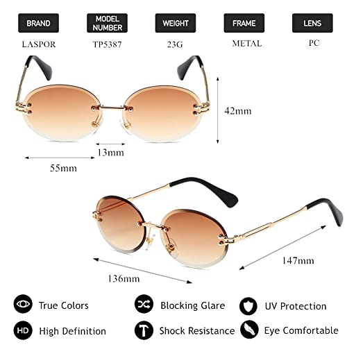 Image of LASPOR Retro Oval Sunglasses for Women Men Fashion Vintage Gold Metal Frameless Rimless Glasses Tinted Lens UV400 Protection