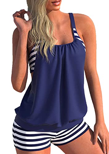 CIZEUR Tankini Maillot de Bain Femme 2 Pieces Haut Tankini Push up Ventre Plat avec Short Beachwear，L Bande Marine