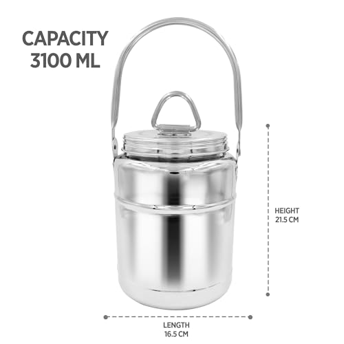 Image of Dhara Stainless Steel 3100 ml Dolchi Oil & Milk Container with Lid, Jointless One Piece Storage Pot with Screw Lid and Handle