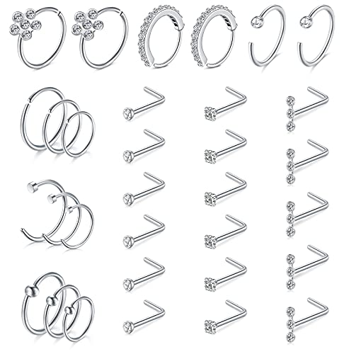 Briana Williams Nose Rings for Women Surgical Steel 20g Nose Ring L Shaped Nose Studs 2mm Nose Rings Stud 8mm Diamond Nose Rings Hoops Silver Nose Piercings 8-12mm Hoop Nose Rings for Women
