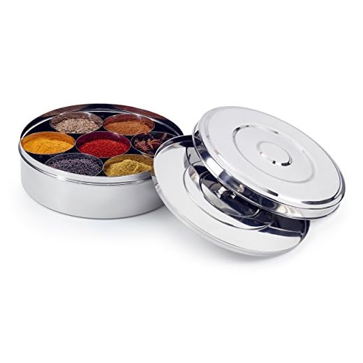 Zinel - Caja para Especias Masala Dabba, con 7 Compartimentos y 2 Tapas de Acero Inoxidable, 20 cm.