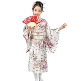 Girls Sakura Silk Satin Kimono Dress Gown Cherry Blossom Long Kimono Robe Yukata Japanese Costume Outfit for 3-8Y Kids (US, Numeric, 5, 6, Regular, Regular, White)
