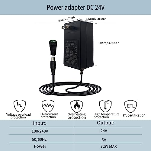 GIDEALED 24V 3A DC Power Supply,72W 24 volt Power Supply for COB LED Strip Light,24v DC LED Light Adapter with 5.5x2.1mm DC Plug, AC 100~240V to 24vdc low voltage led strip lights power supply - Thumbnail 2