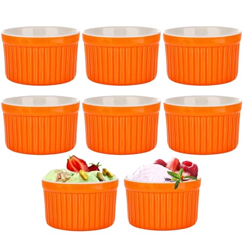 LDXDRU Juego de 8 ramequines de porcelana naranja de 110 ml, ramequines de crema brulee de 7,5 cm, cuencos pequeños para hornear, mermeladas de soufflé, magdalenas, magdalenas, helados