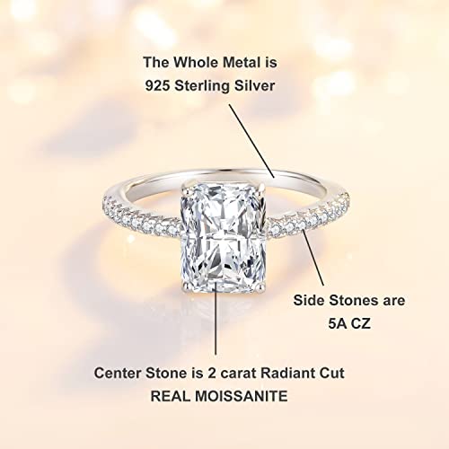 SecreTalk 2ct Moissanite Engagement Promise Ring for Women - Radiant Cut Moissanite Wedding Band 925 Sterling Silver D Color VVS with Certificate of Authenticity3