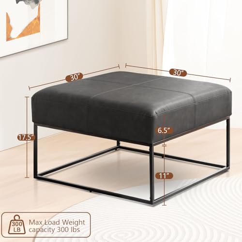 Image of Modern Square Coffee Table, Farmhouse Ottoman for Living Room, Large Vintage Leather Coffee Tables with Leather Upholstered Padded Seat [Square, Vintage Black, 30'']