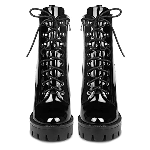 Wetkiss Platform Boots For Women, Black Platform Boots Chunky Heel Boots For Women Heeled Combat Boots Womens Black Boots For Women Ankle Booties Patent Leather Boots High Heel Boots Glossy Boots #TOP7