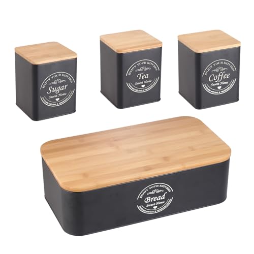 Herzberg, HG04401, Boîte à pain élégante avec 4 boîtes de rangement, design moderne, idéale pour la cuisine, pratique et fonctionnelle, taille : standard, couleur : noir