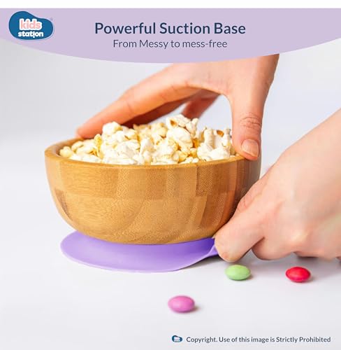 Image of Kids Station Wooden Baby Feeding Set - Bowl, Spoon & Bib - Purple | Eco-Friendly Self-Feeding Baby Tableware Set (3 pcs, Purple)