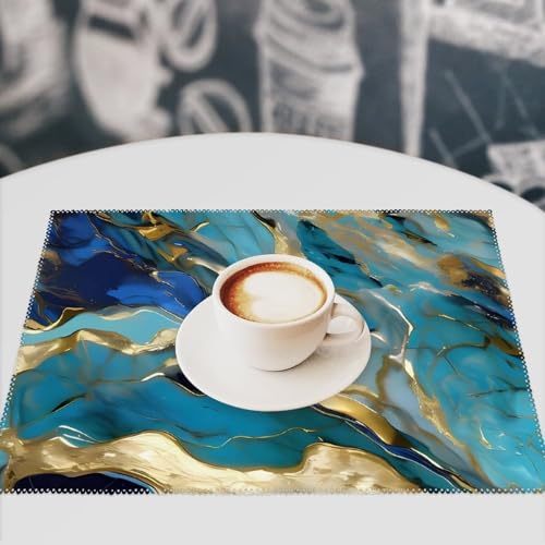 Sets de table bleu sarcelle effet feuille d'or pour repas de famille - 8