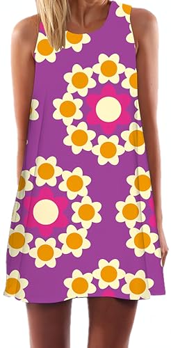 Ocean Plus Mujer Verano Mini Sin Mangas Tops De Colores Vestidos De Paval Real Vestidos De Playa Vestido Corto De Línea A Sin Mangas (XL (EU 40-42), Flores moradas)