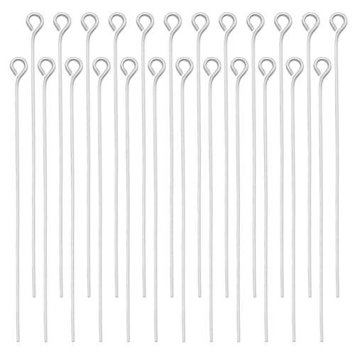 Beebeecraft 100Pcs 50mm/1.97in Head Pins with Loop 925 Sterling Silver Plated Brass Flat Head Open Eye Pins Jewelry Findings for Making Earrings Bracelets Necklaces